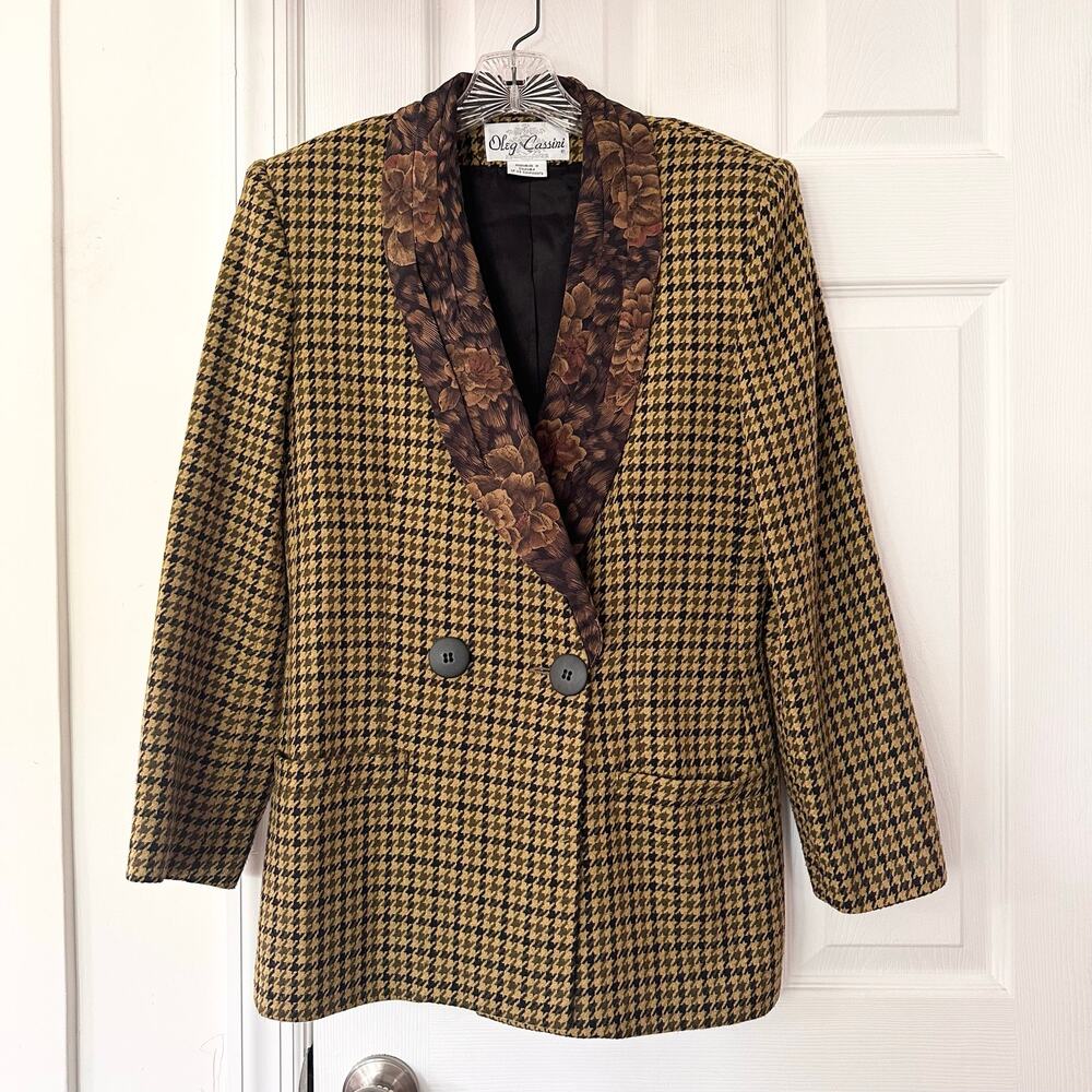 Oleg Cassini Vintage Yellow Houndstooth Floral Lapel Double Breasted Blazer 10